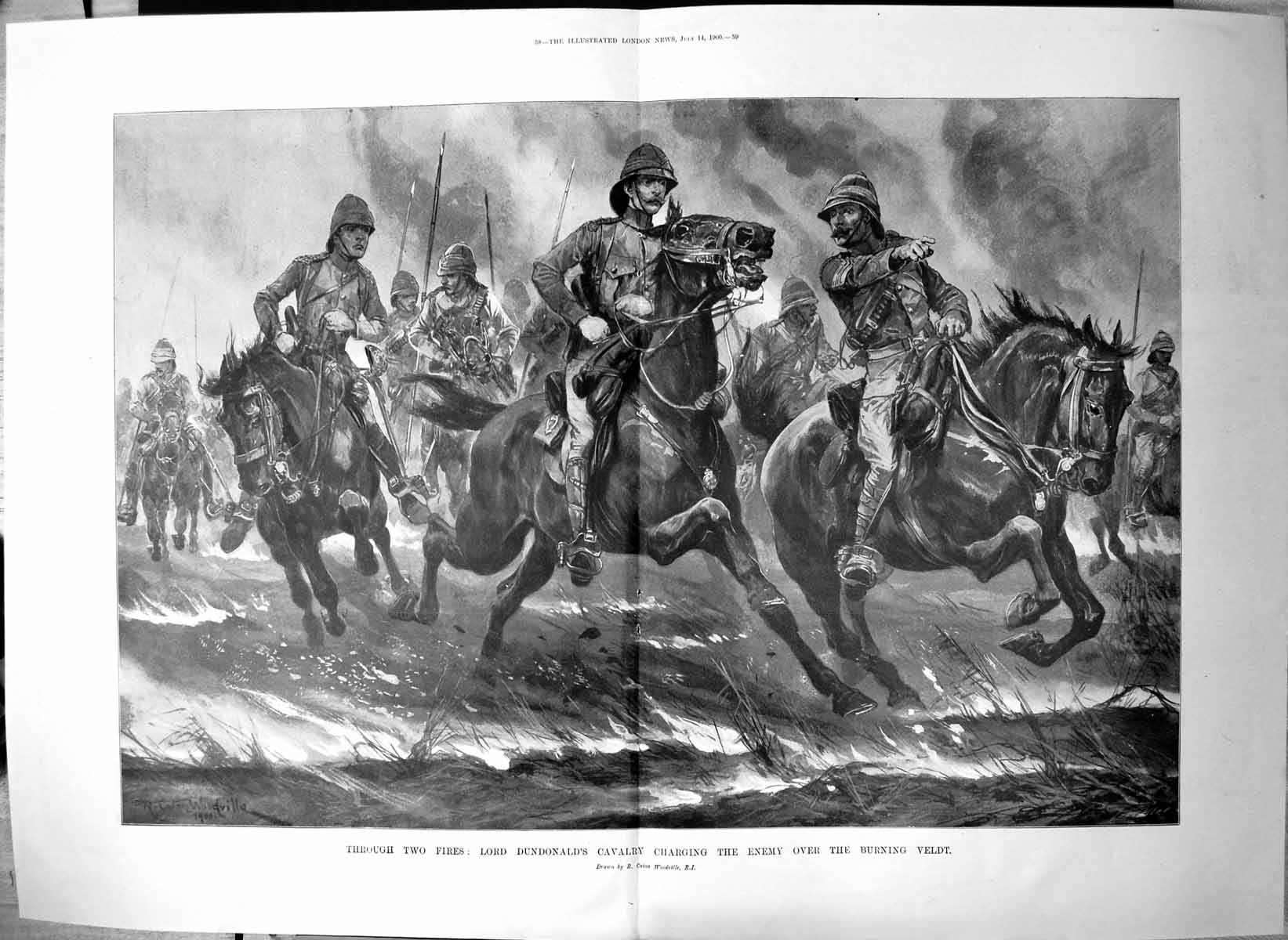 Old Print Through Fires Lord Dundonalds Cavalry Charging Enemy Veldt 1900 20th