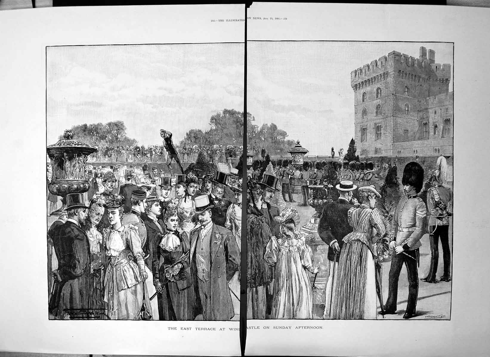 Antique Old Print East Terrace Windsor Castle Sunday Afternoon 1891 Damaged