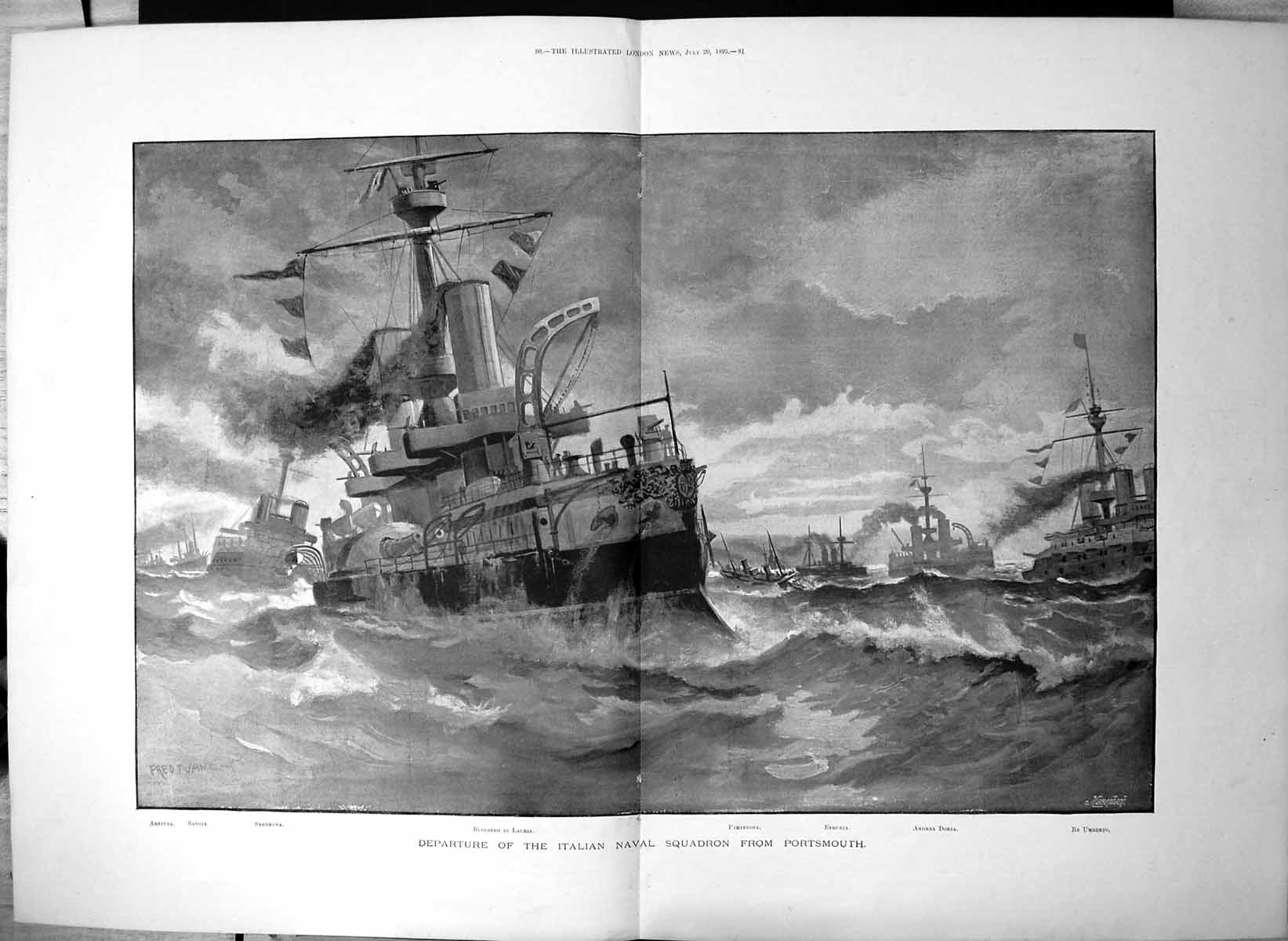 Old Antique Print Departure Italian Naval Squadron From Portsmouth 1895 19th
