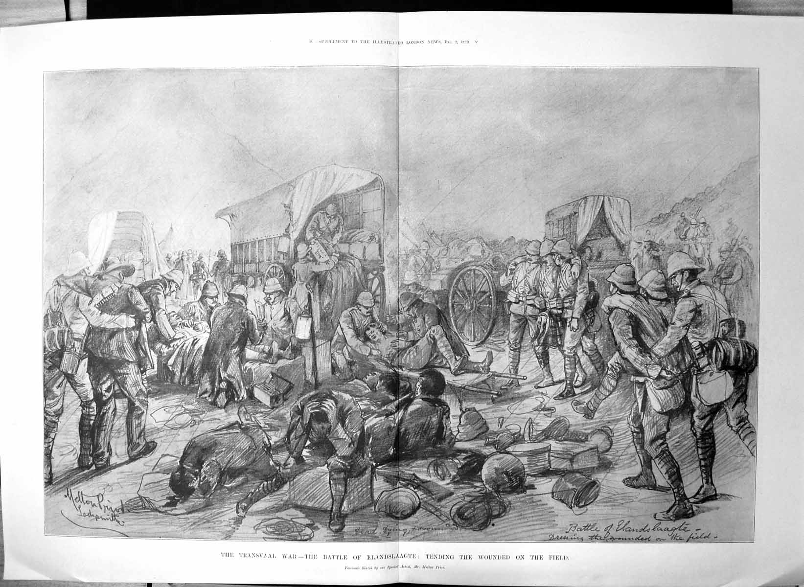 Antique Old Print Transvaal War Battle Elanslaagte Tending Wounded Field 1899