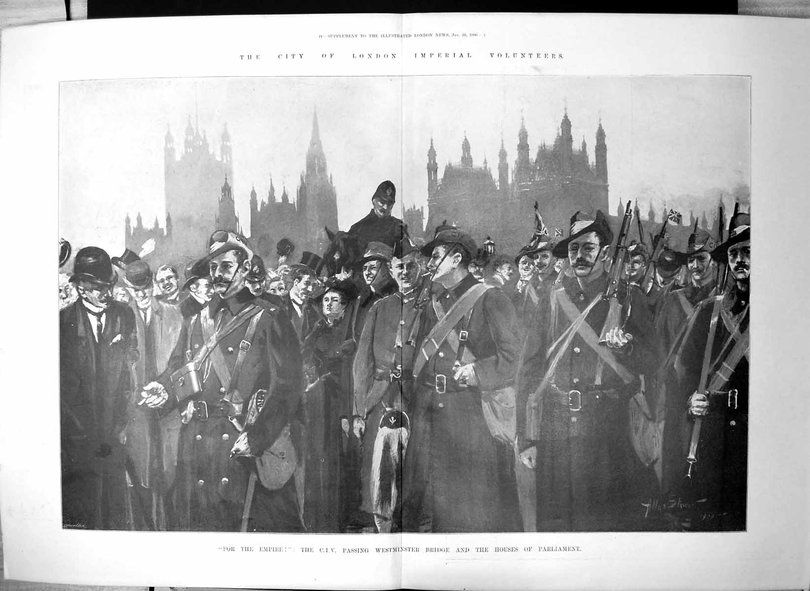 Old Print London Imperial Volunteers Passing Westminster Parliament 1900 20th