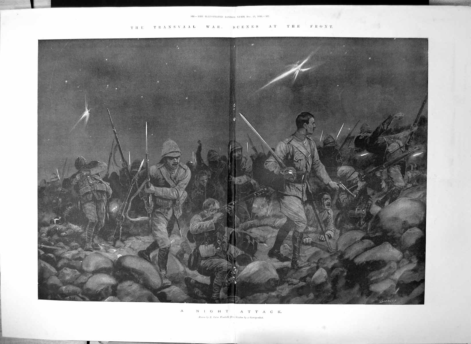 Old Print Transvaal War Scenes Front Night Attack R Caton Woodville 1899 19th