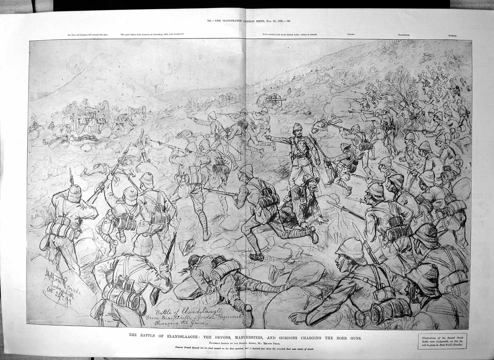 Antique Print Battle Elandslaagte Devons Manchesters Gordons Charging 1899 19th