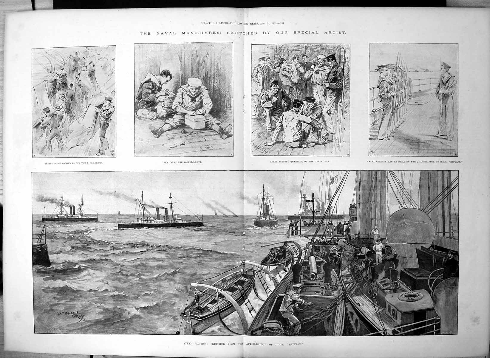 Antique Print Naval Manoeuvres Steam Tactics After Bridge Hms Repulse 1895 19th