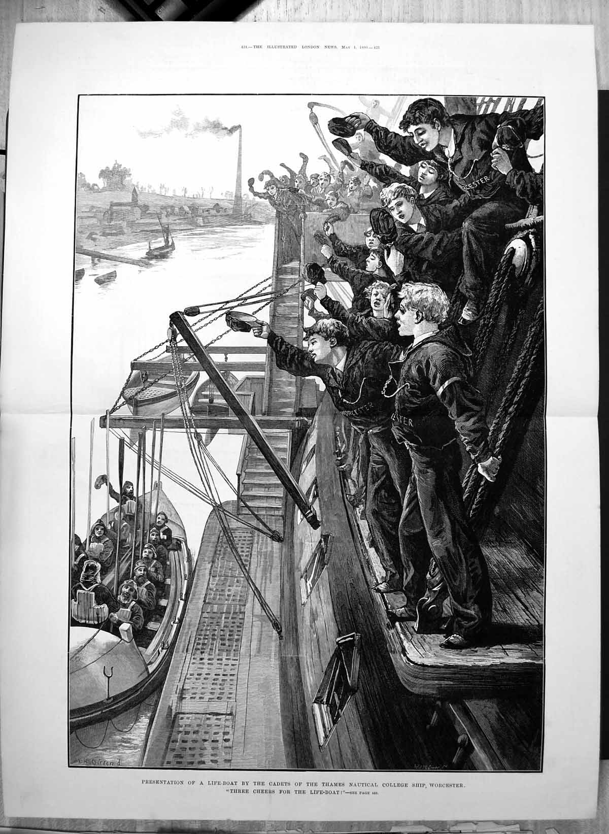 Old Print Presentation Life Boat Cadets Thames Nautical College Ship 1880 19th