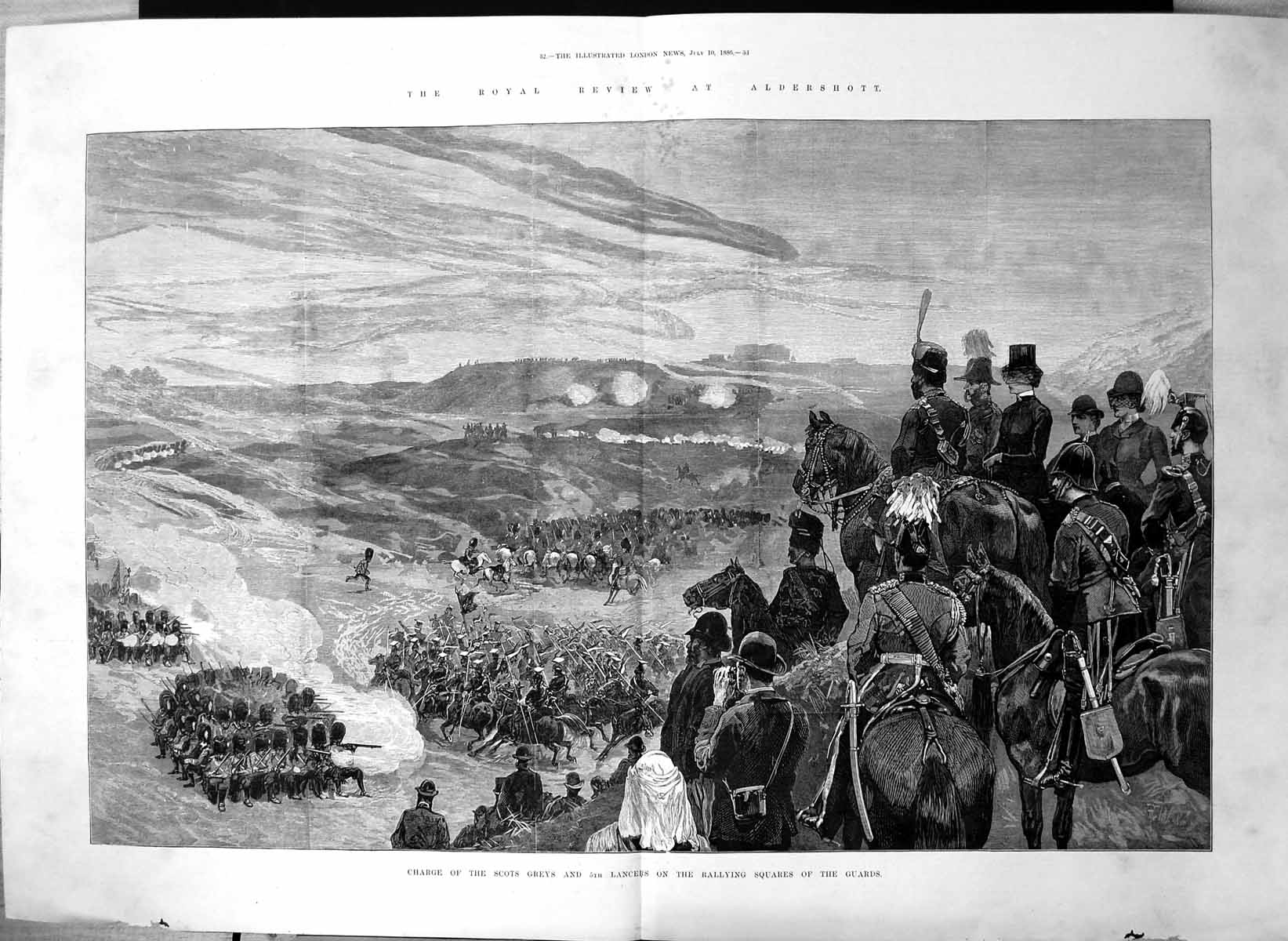 Old Print Aldershott Charge Scots Greys 5Th Lancers Rallying Guards 1886