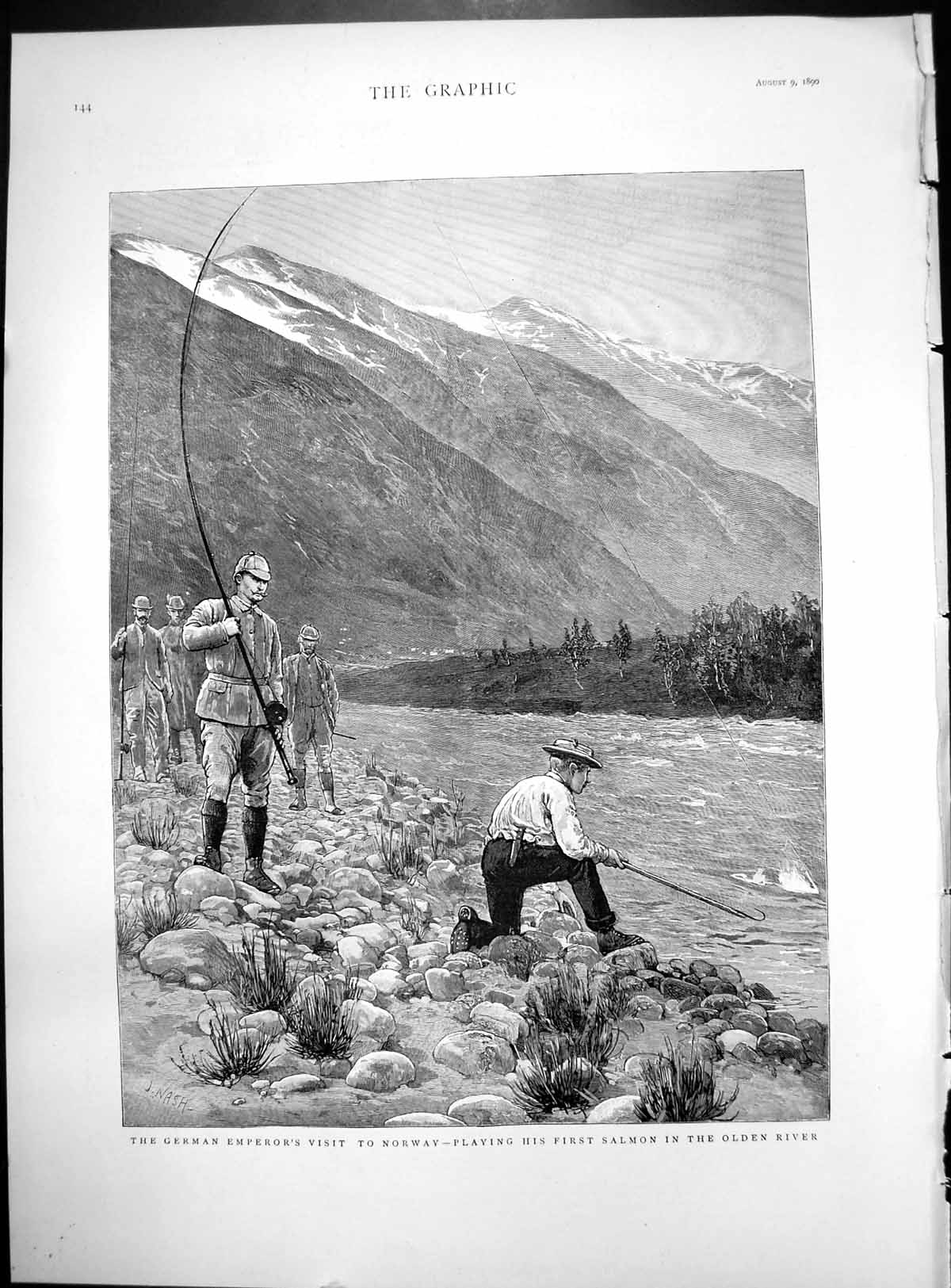 Old German Emperor'S Visit Norway Playing First Salmon en River 1890 Victorian