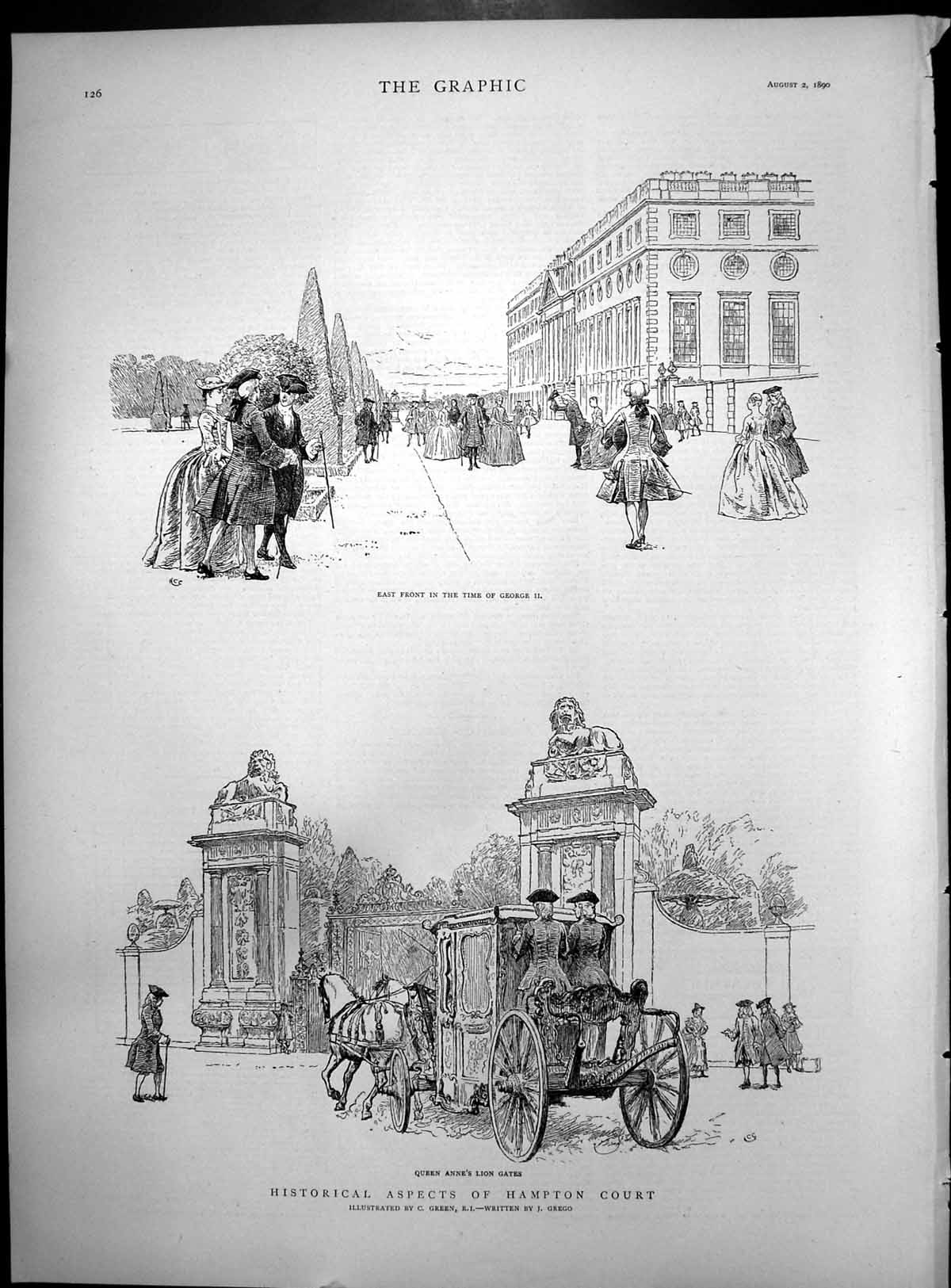Print Historical Aspects Hampton Court East Front Queen Anne'S Lion Gates 1890