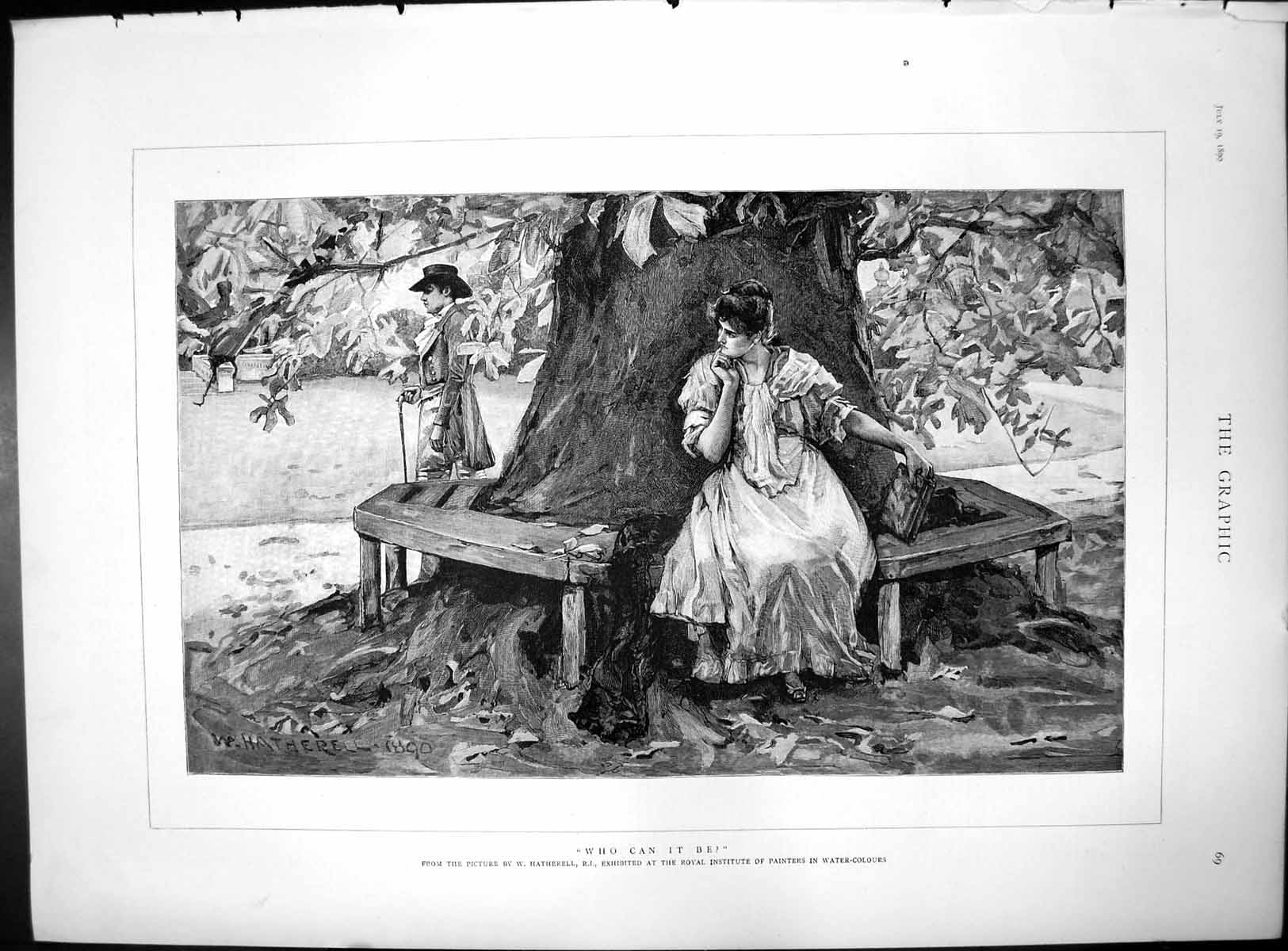 Old Print Who Can It Be After W Hatherell Maiden Tree Gentleman Cane 1890 19th