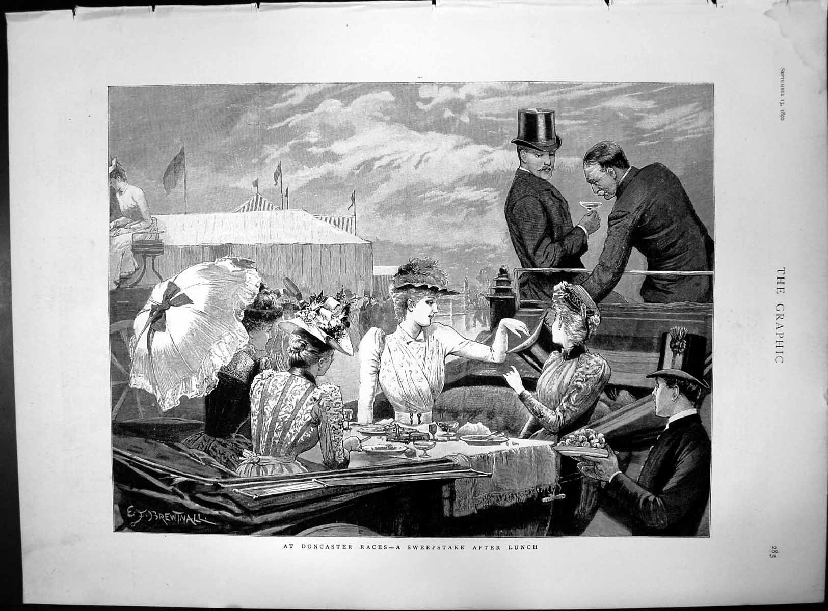 Old Print Doncaster Races Sweepstake After Lunch EF Brewtnall Ladies 1890 19th