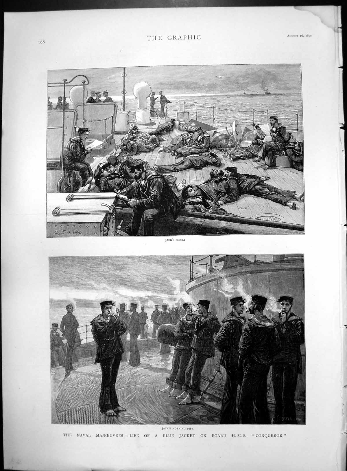 Old Naval Manouevres Jack'S Siesta Morning Pipe Life Aboard Ship 1890 Victorian