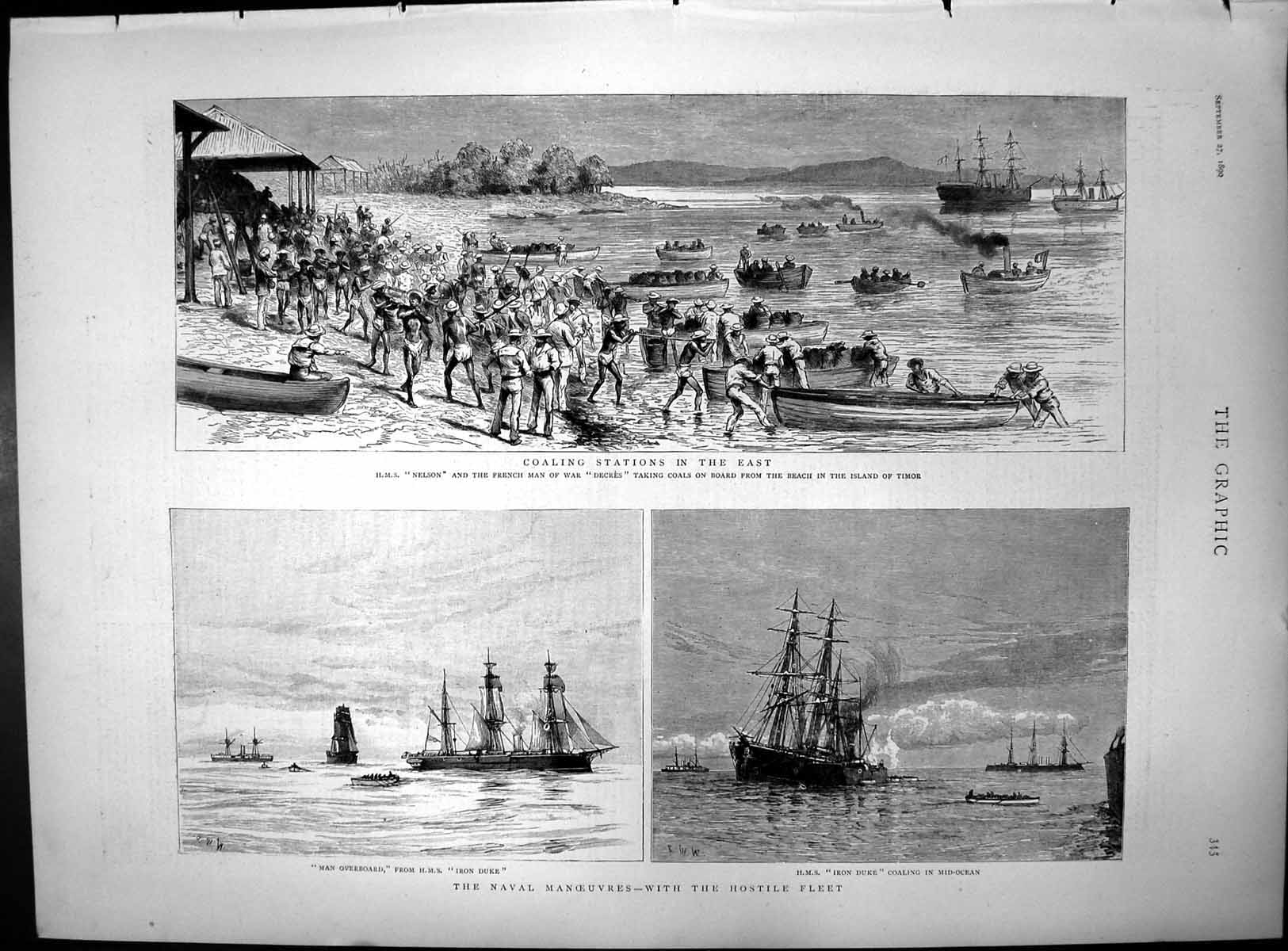 Antique Print Coaling Hms Nelson Decres Timor Iron Duke Man Overboard 1890 19th