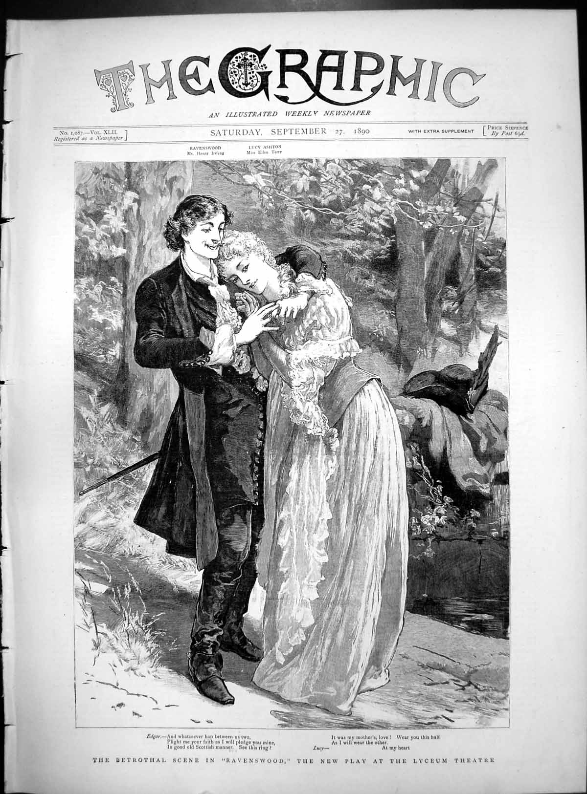 Old Antique Print Betrothal Scene Ravenswood New Play Lyceum Theatre 1890 19th