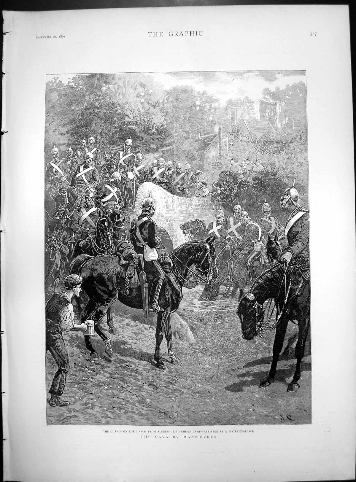 Old Print Cavalry Manoeuvres Guards March Aldershot Churn Camp Water 1890 19th