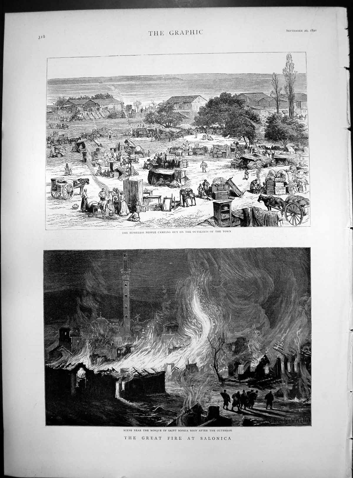 Old Great Fire Salonica Homeless People Camping View Near Mosque 1890 Victorian