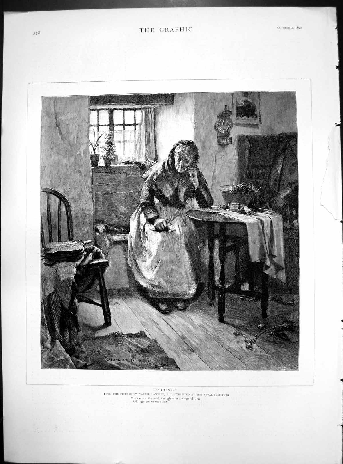 Antique Print Alone After Walter Langley Elderly Woman Bellows Despair 1890