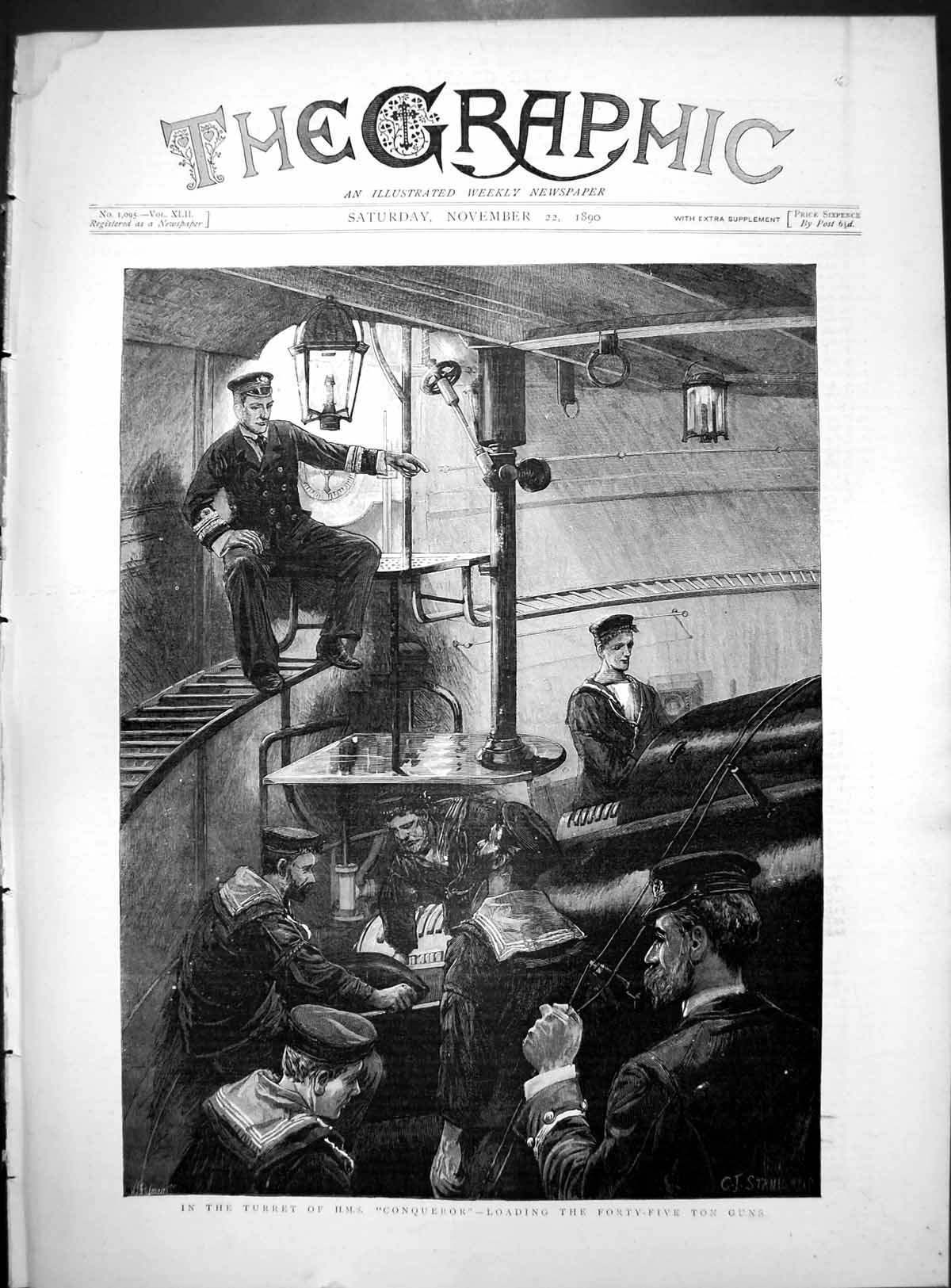Antique Old Print Turret HMS Conqueror Loading Forty Five Ton Guns Crew 1890