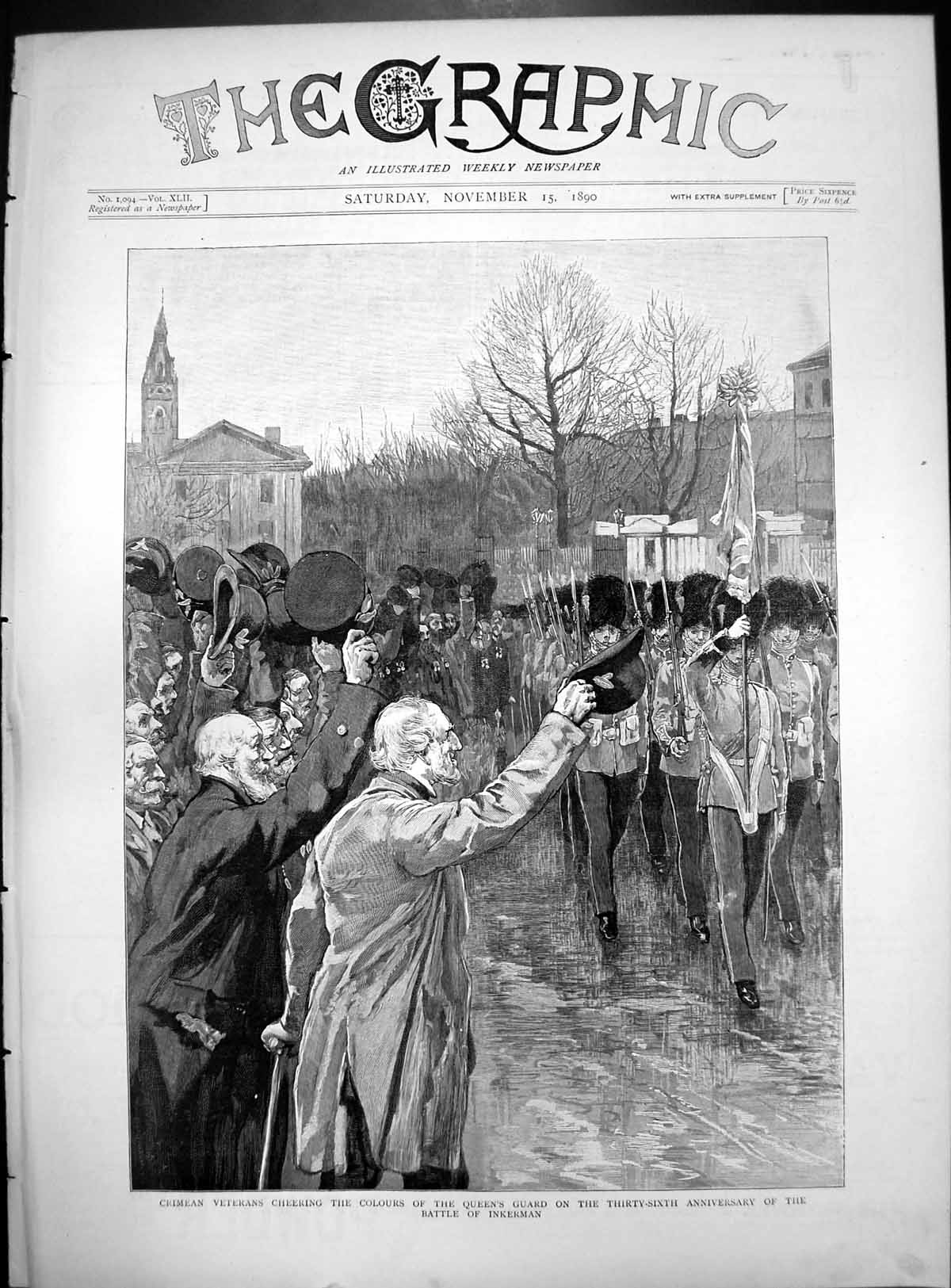 Antique Print Crimean Veterans Cheering Colours Queens Guard Inkerman 1890 19th