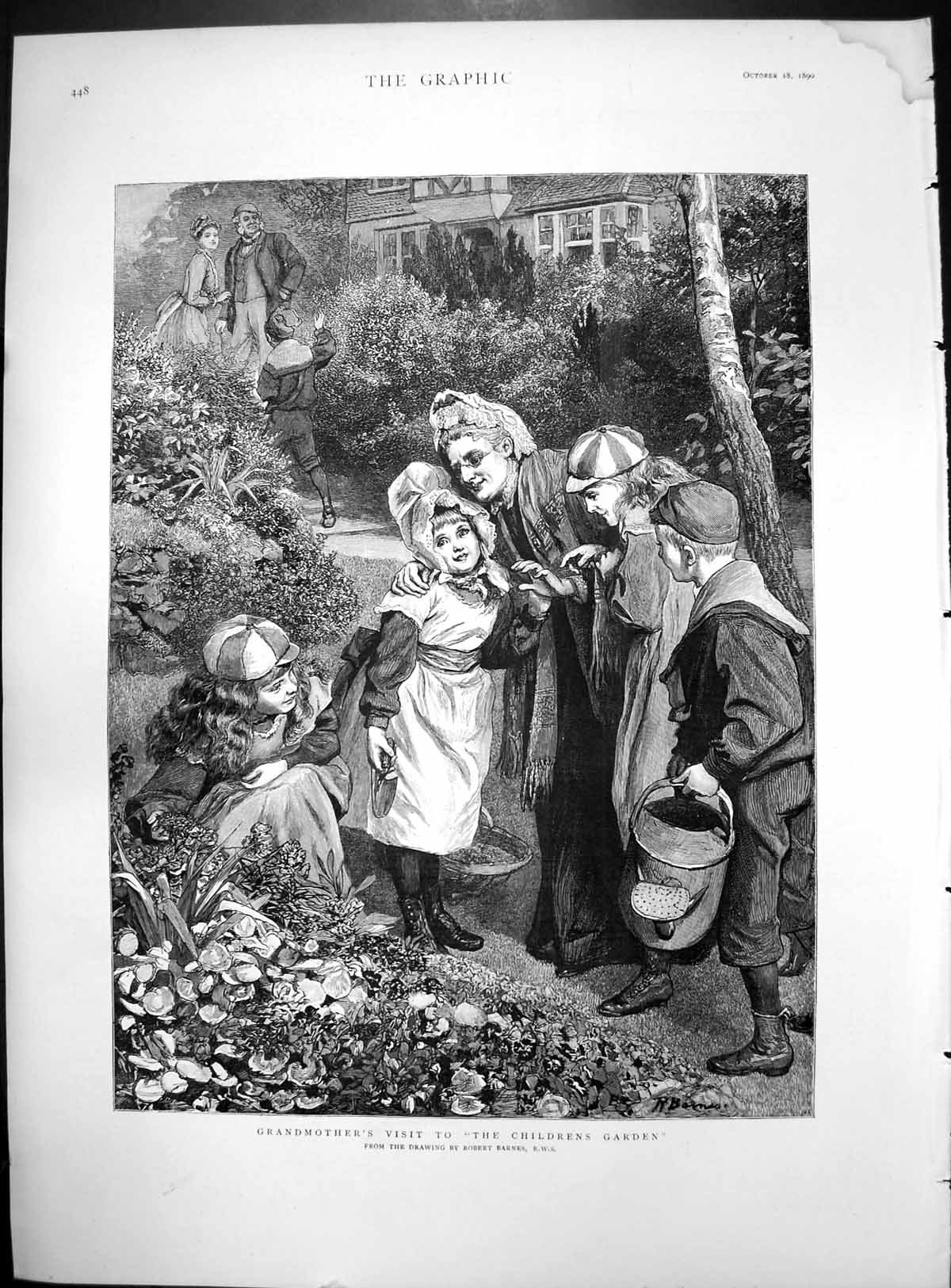 Old Print Grandmother'S Visit Children'S Garden From Drawing Robert Barnes 1890