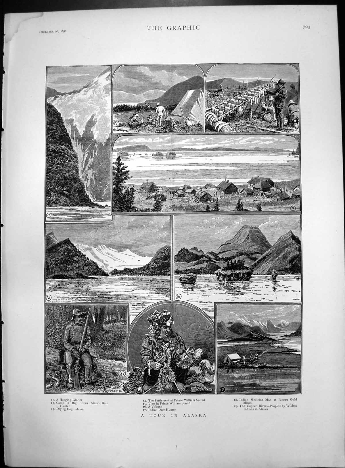Print Tour Alaska Hanging Glacier Drying Salmon Deer Hunter Medicine Man 1890