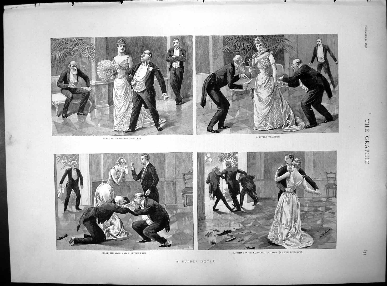 Old Print Supper Extra Sketches Dinner Dance Scene Gentlemen Arguing 1890 19th