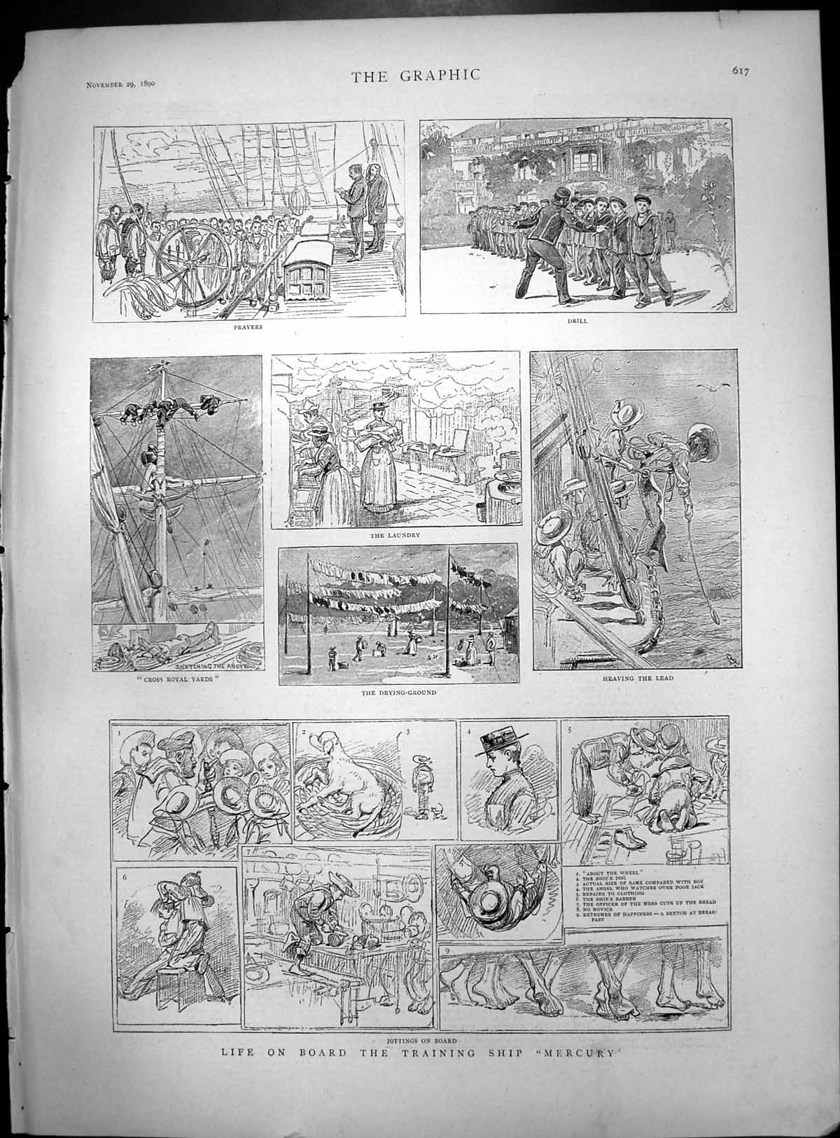 Old Sketches Life Board Training Ship Mercury Prayers Drill Laundry 1890 19th