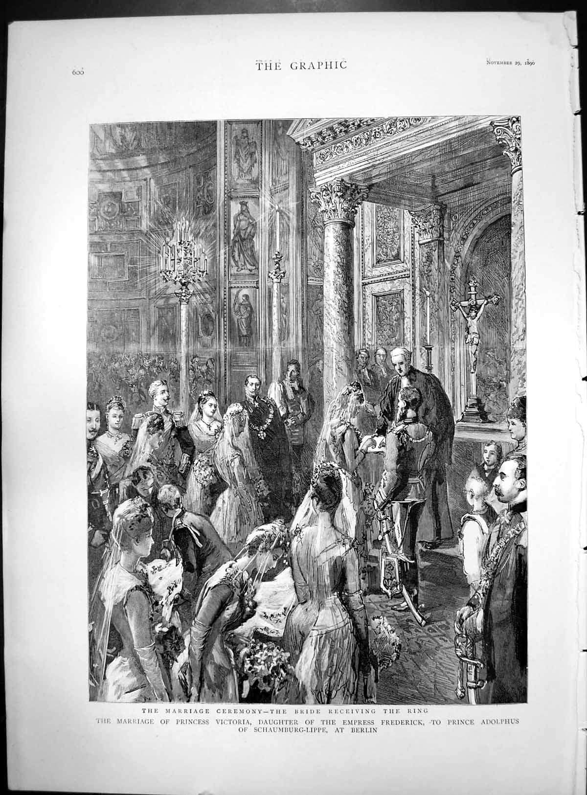Old Print Marriage Princess Victoria Prince Adolphus Receiving Ring Berlin 1890