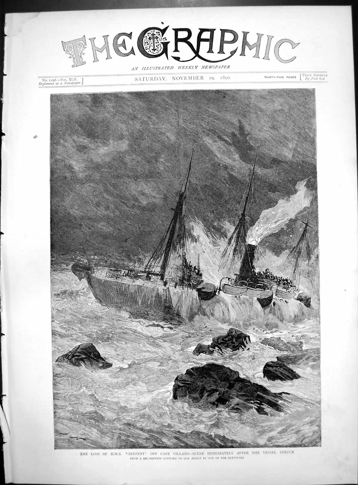 Old Loss HMS Serpent Cape Vilano After Vessels Struck Rocks Sea 1890 Victorian