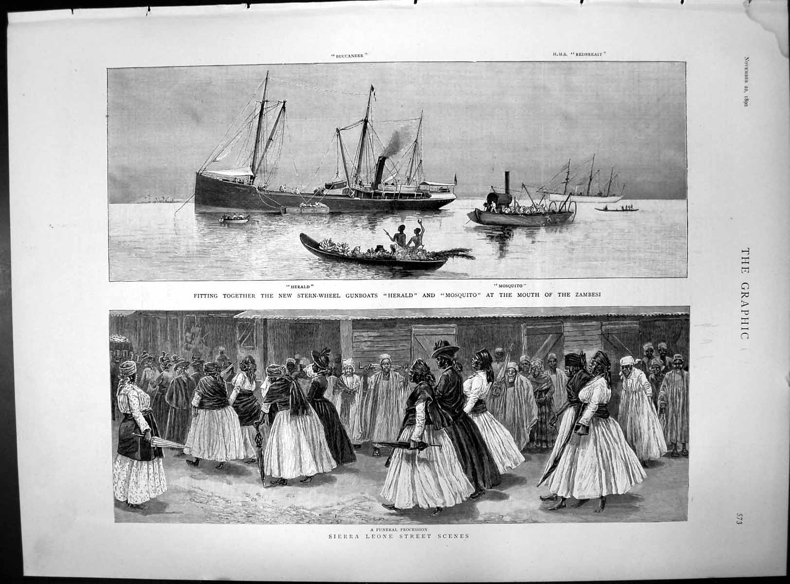 Antique Print Stern-Wheel Gunboats Herald Mosquito Sierra Leone Street 1890