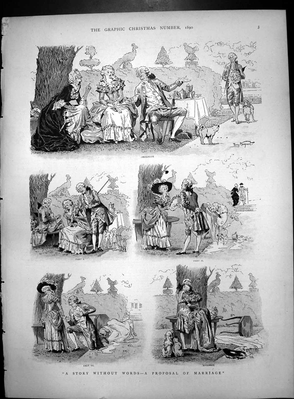 Old Print Story Without Words Proposal Marriage Outdoor Scene Colour 1890 19th