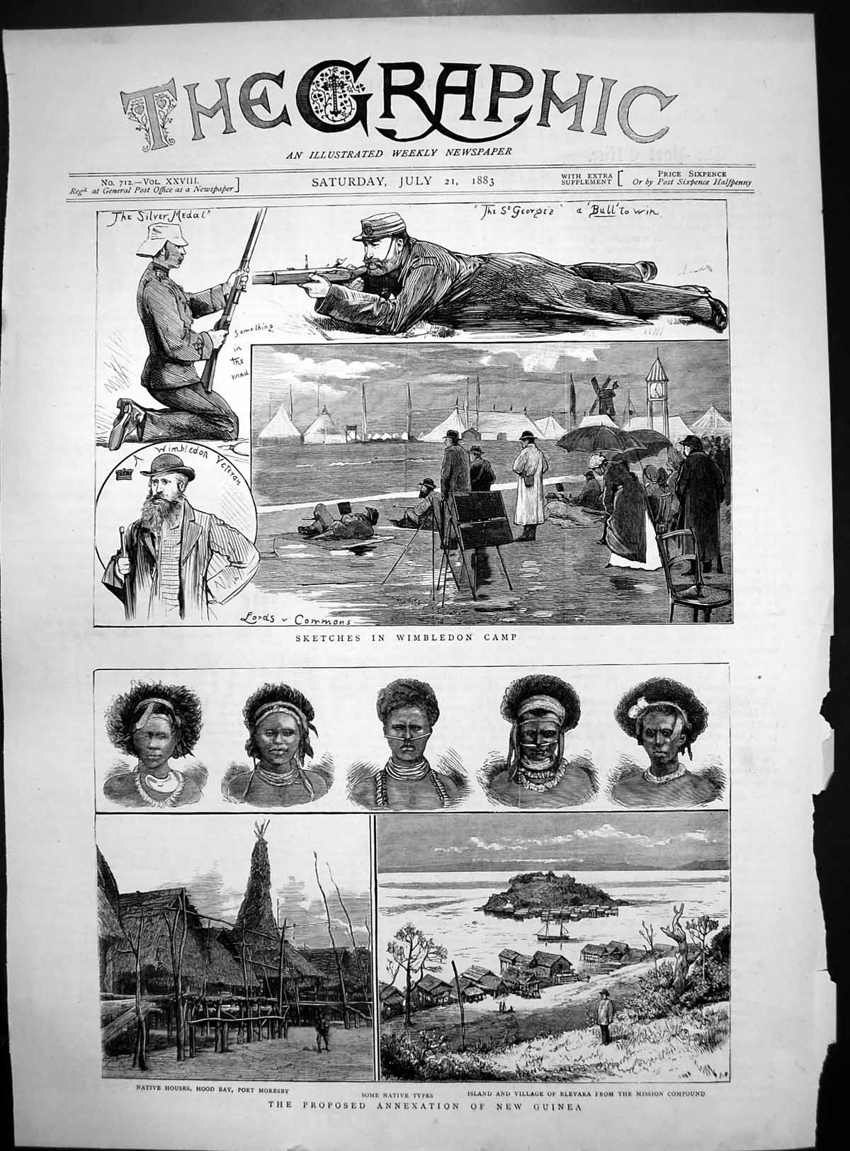 Antique Old Print Sketches Wimbledon Camp Proposed Annexation New Guinea 1883