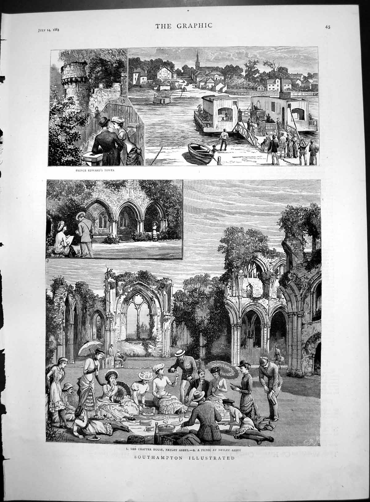 Old Print Southampton Illustrated Chapter House Netley Abbey Picnic 1883 19th