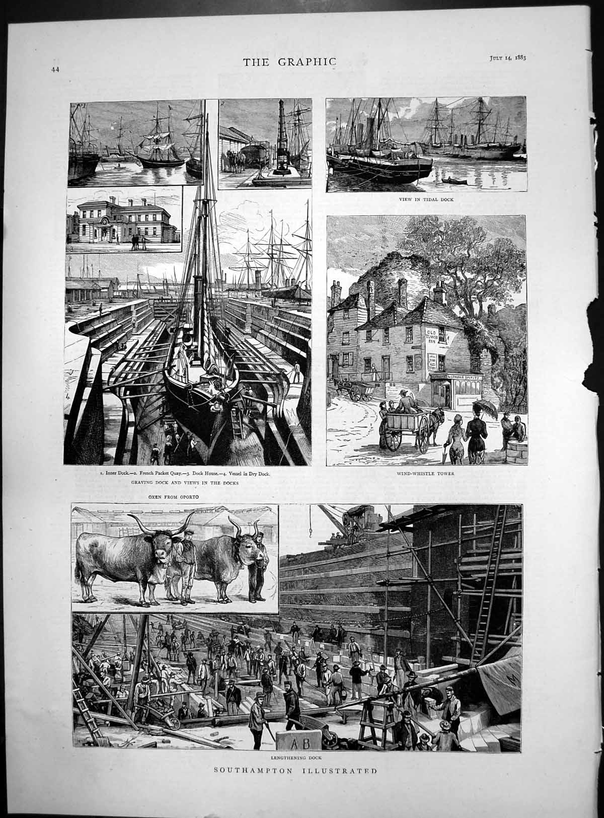 Old Print Southampton Illustrated Docks Wind-Whistle Tower Oxen Dry 1883 19th
