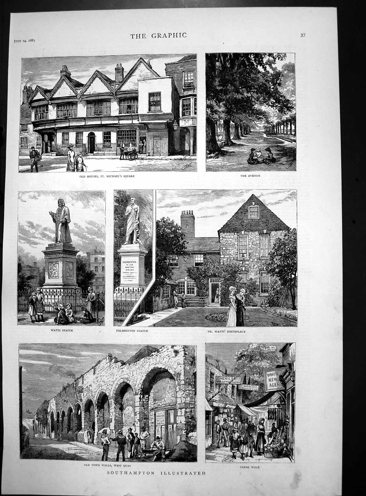 Old Print Southampton Illustrated Watts Statue Town Walls Canal Walk 1883 19th
