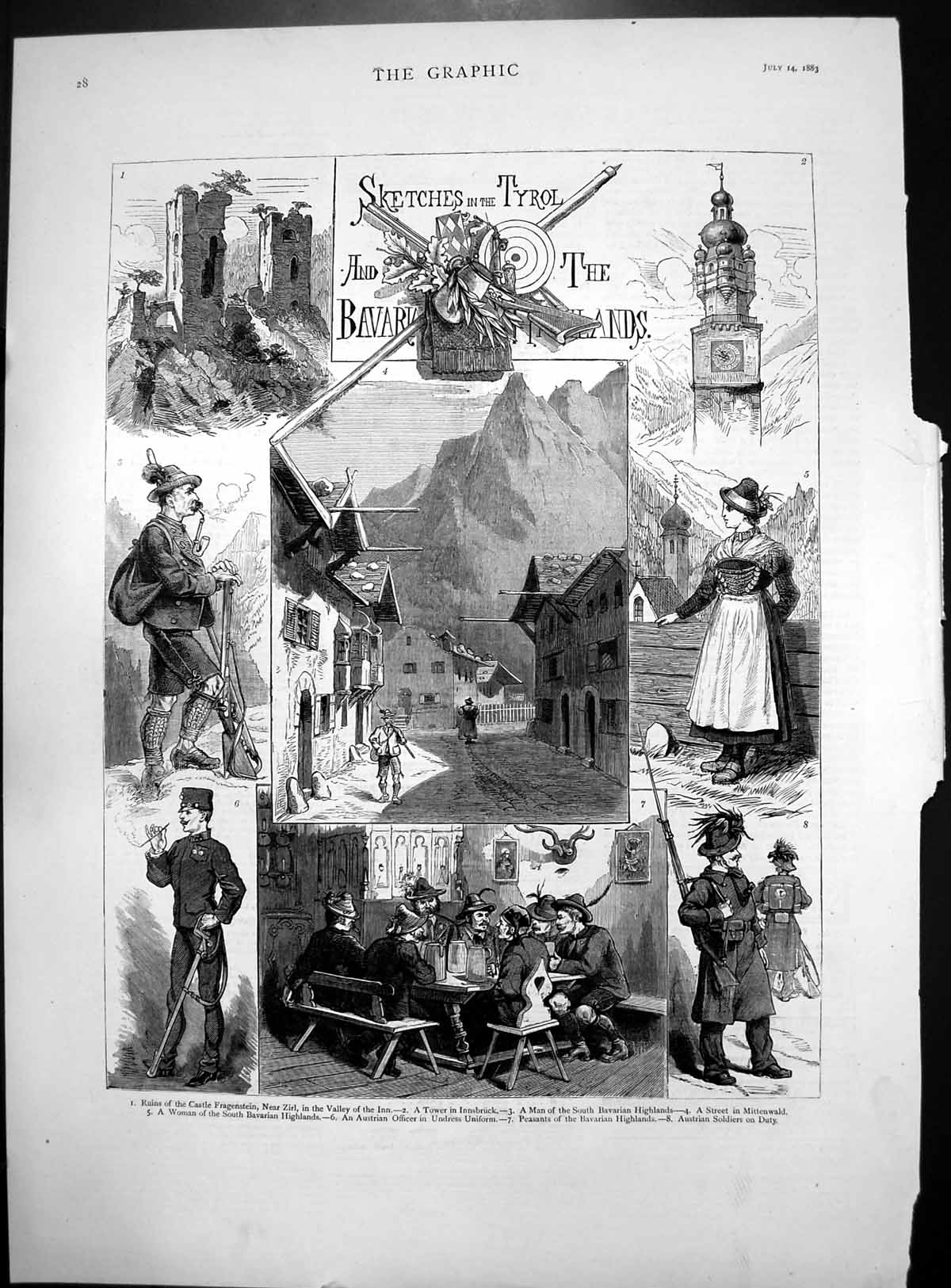 Old Sketches Tyrol Bavarian Highlands Castle Fragenstein Characters 1883 19th