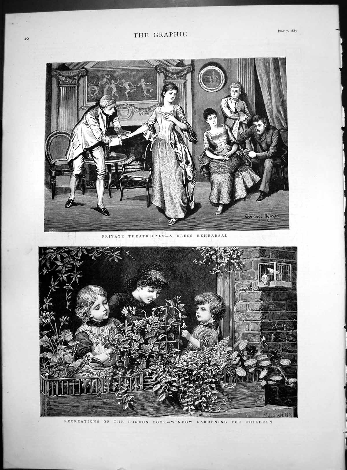 Old Print Private Theatricals Dress Rehearsal London Poor Window Gardening 1883