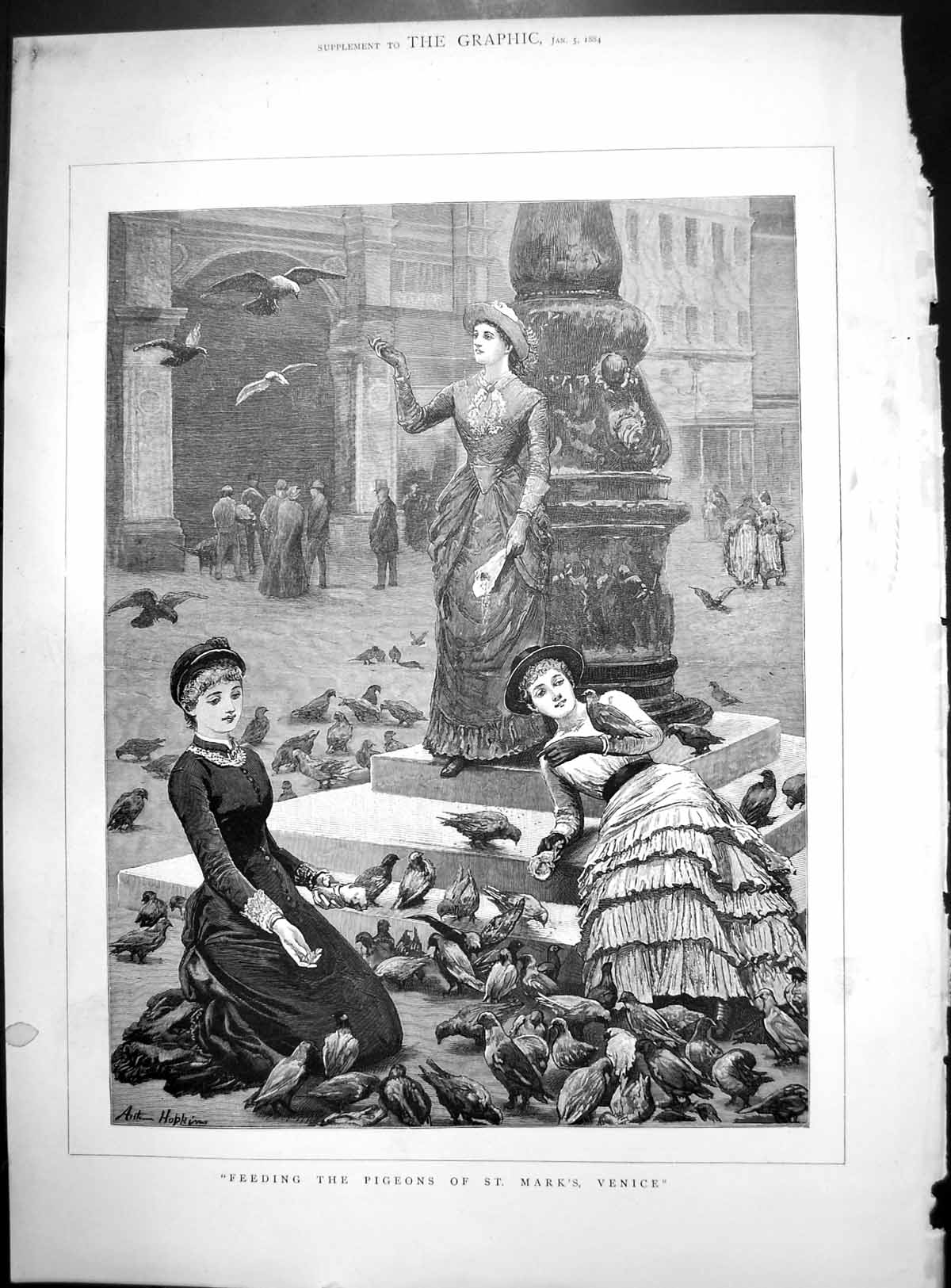Old Print Feeding The Pigeons St Mark'S Venice Arthur Hopkins Statue 1884 19th