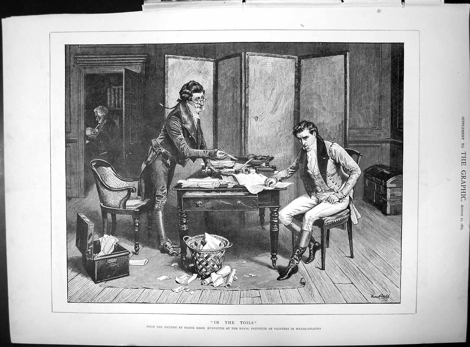 Old In The Toils Frank Dadd Picture Gentlemen Pen Ink Papers Strewn 1883 19th
