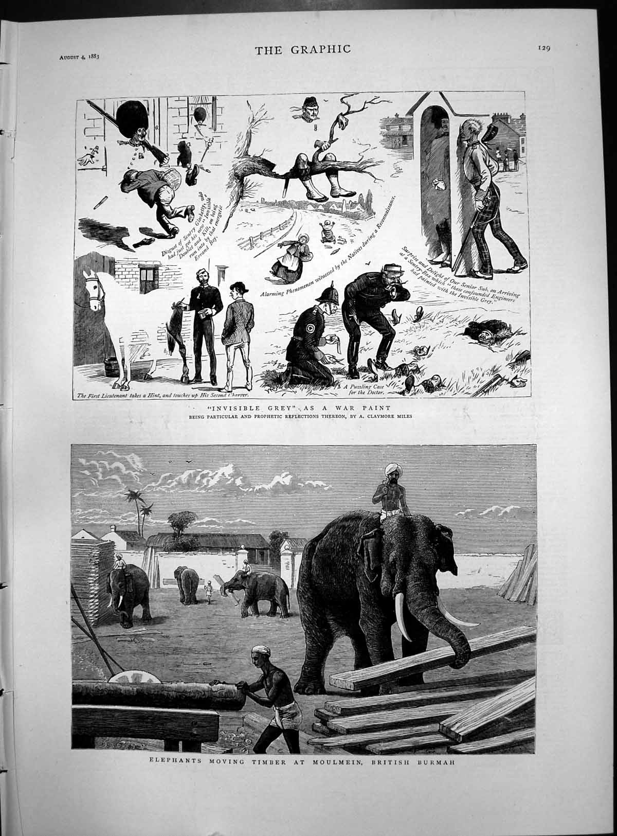 Print Invisible Grey As War Paint Elephants Move Timber Moulmein Burmah 1883