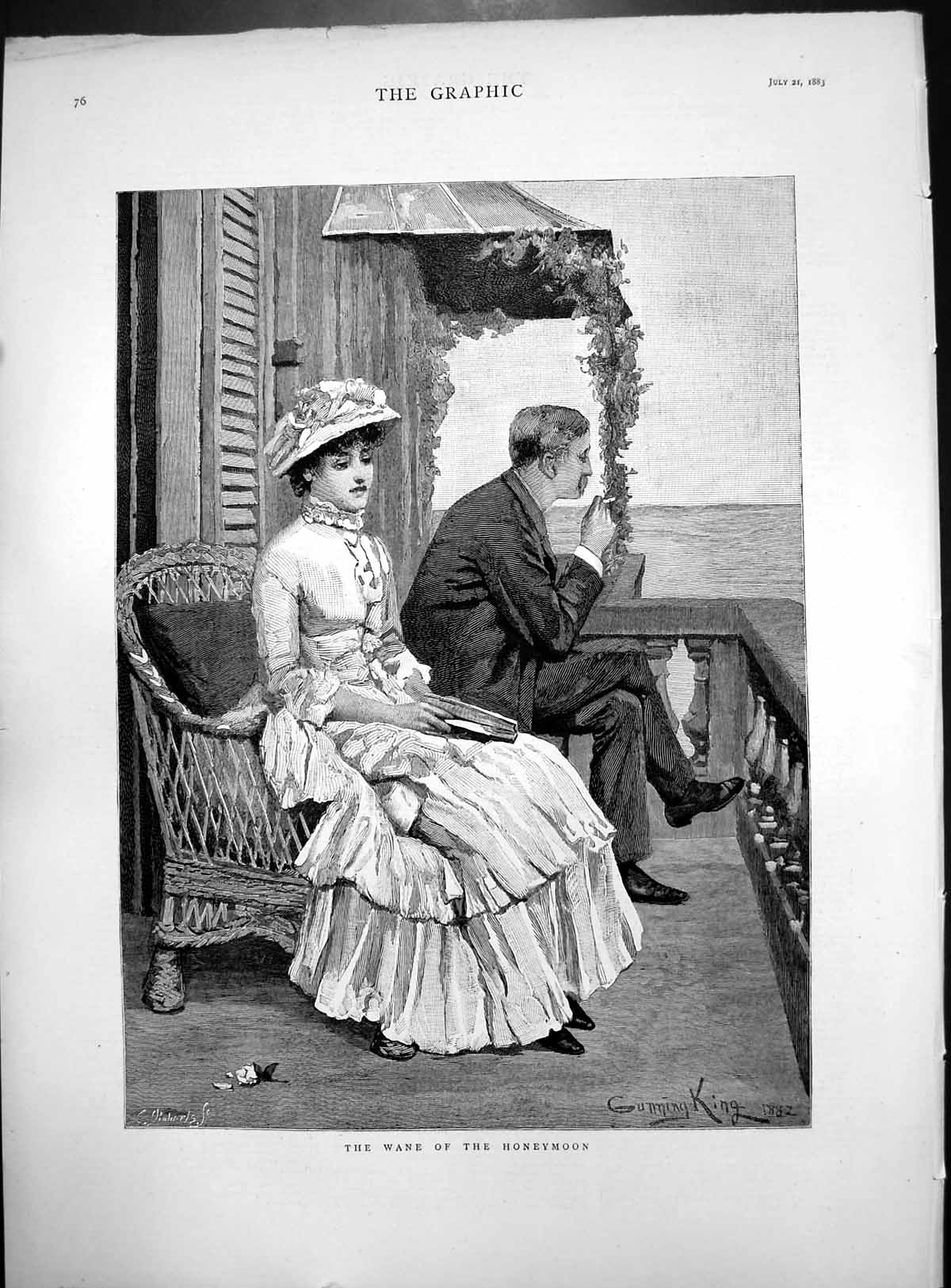 Old Wane Honeymoon Lady Book Wickerwork Chair Gentleman Smoking 1883 Victorian