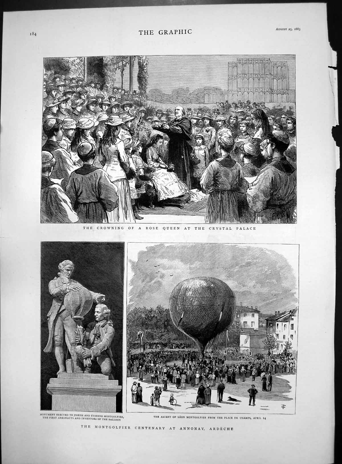 Old Print Crowning Rose Queen Crystal Palace Montgolfier Centenary Annonay 1883