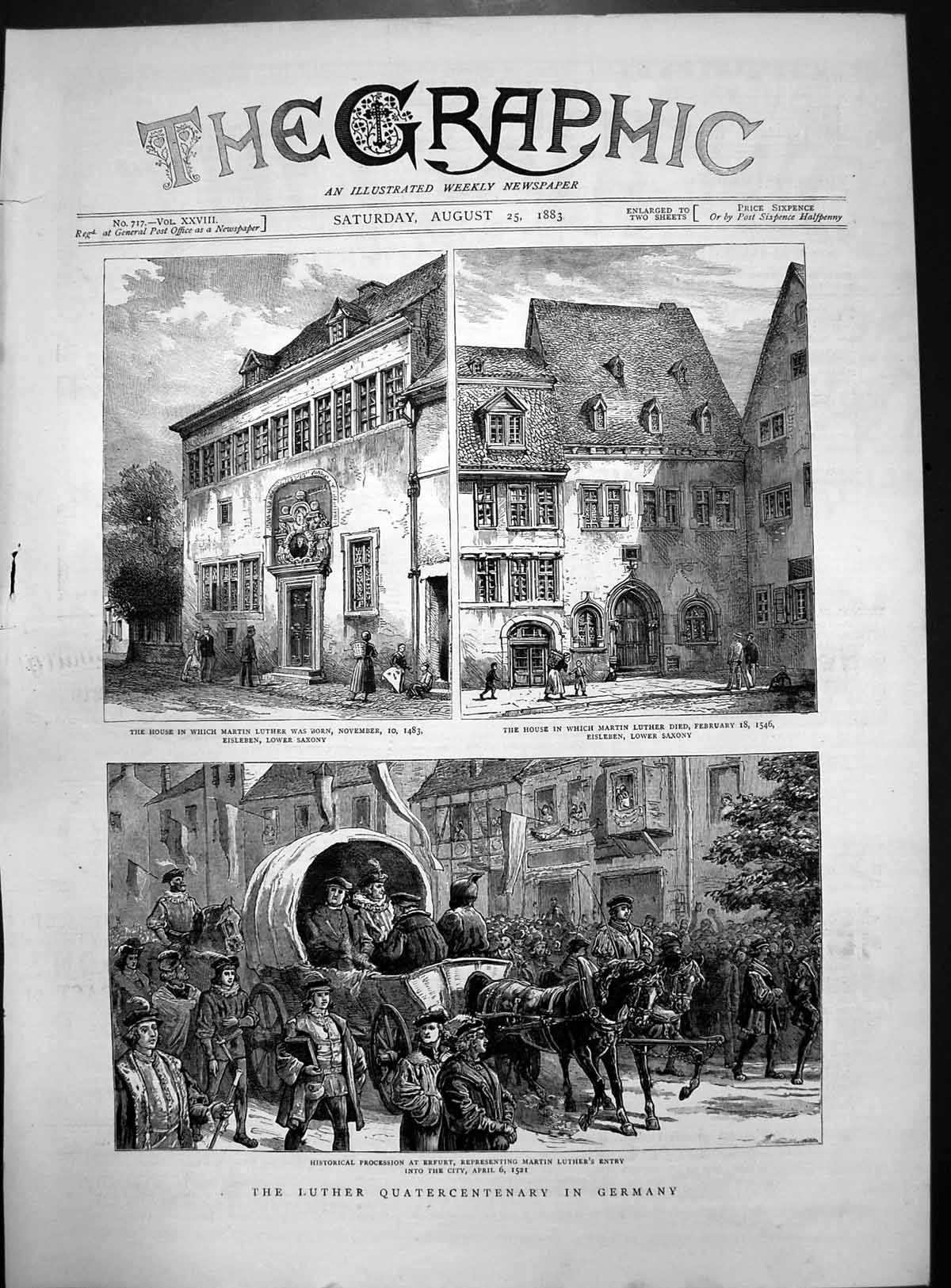 Old Print Luther Quatercentenary Germany House Born Died Procession 1883 19th