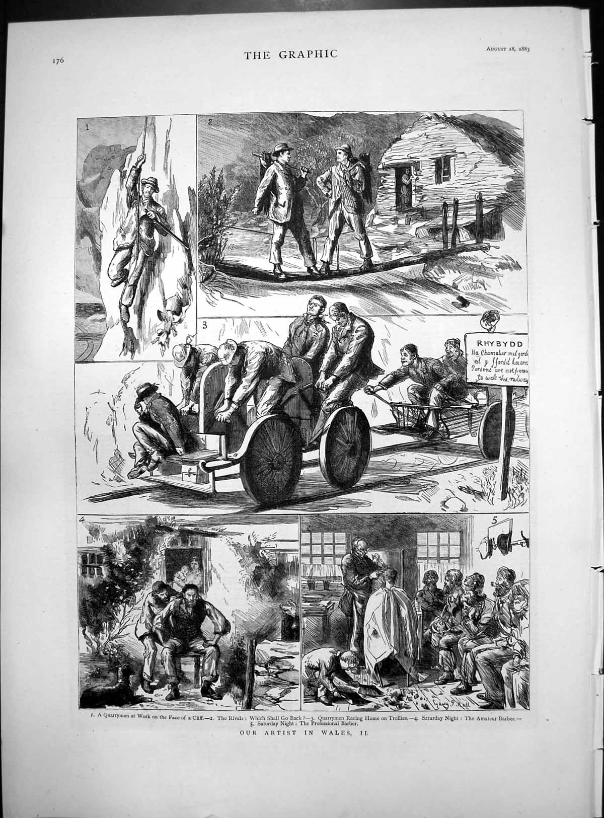 Old Artist Wales Ii Quarryman Working Cliff Face Trolleys Barbers 1883 19th