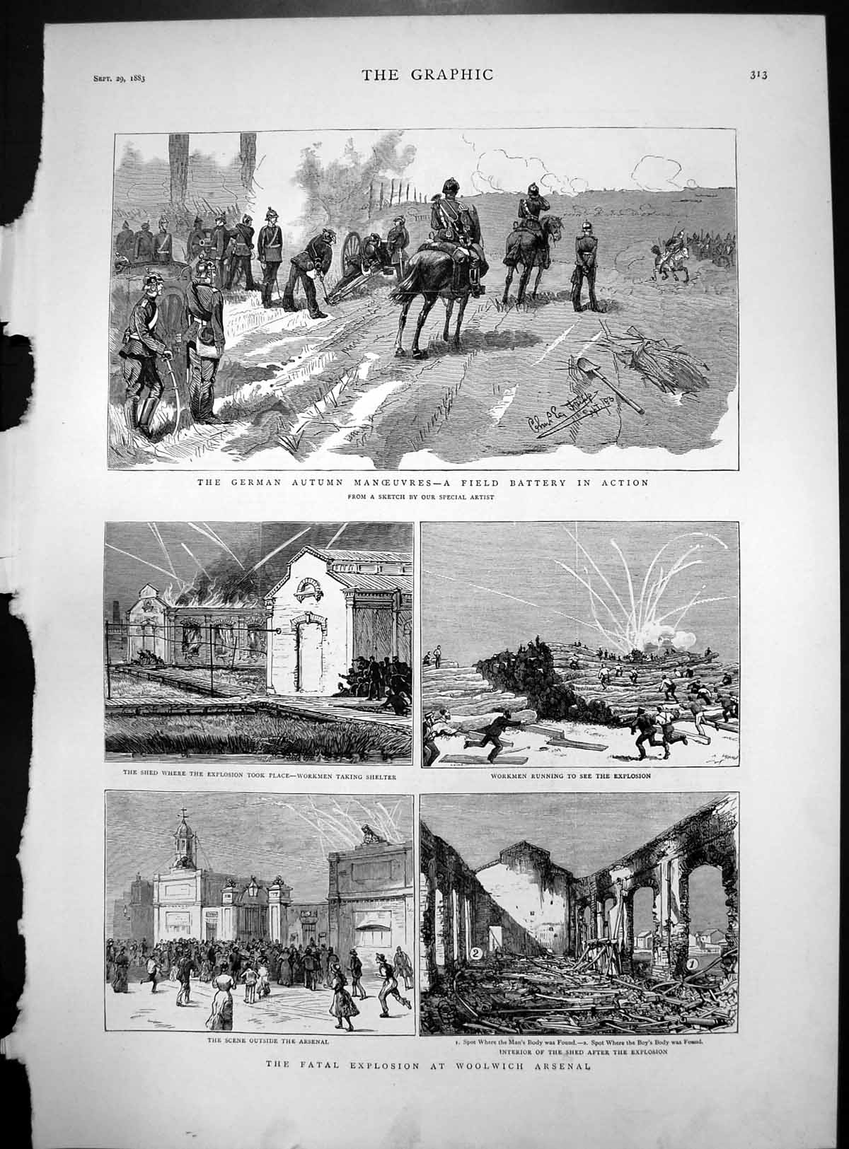 Print German Autumn Manoeuvres Field Battery Woolwich Arsenal Explosion 1883