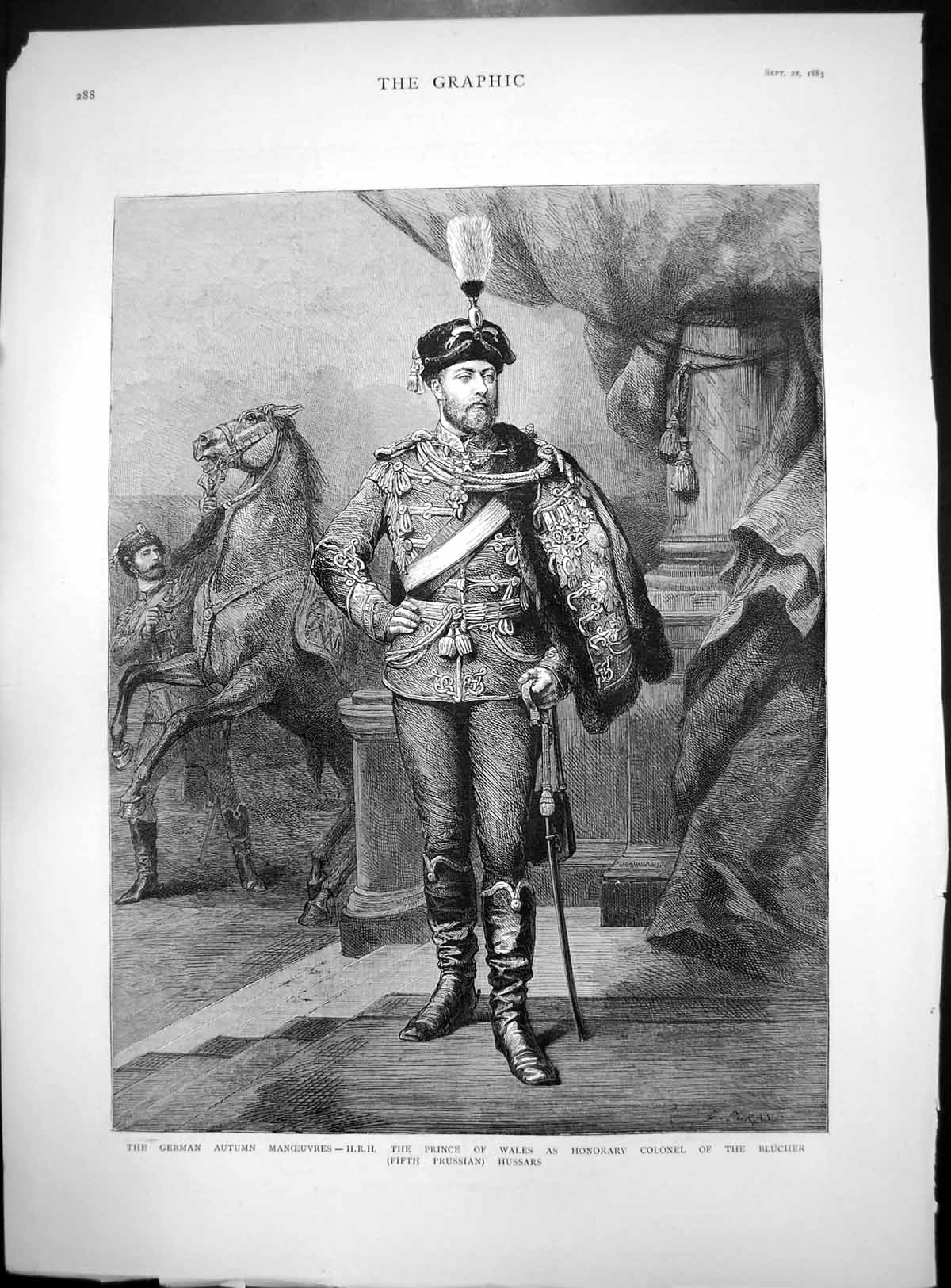 Old Print German Autumn Manoeuvres HRH Prince Wales Blucher Hussars 1883 19th