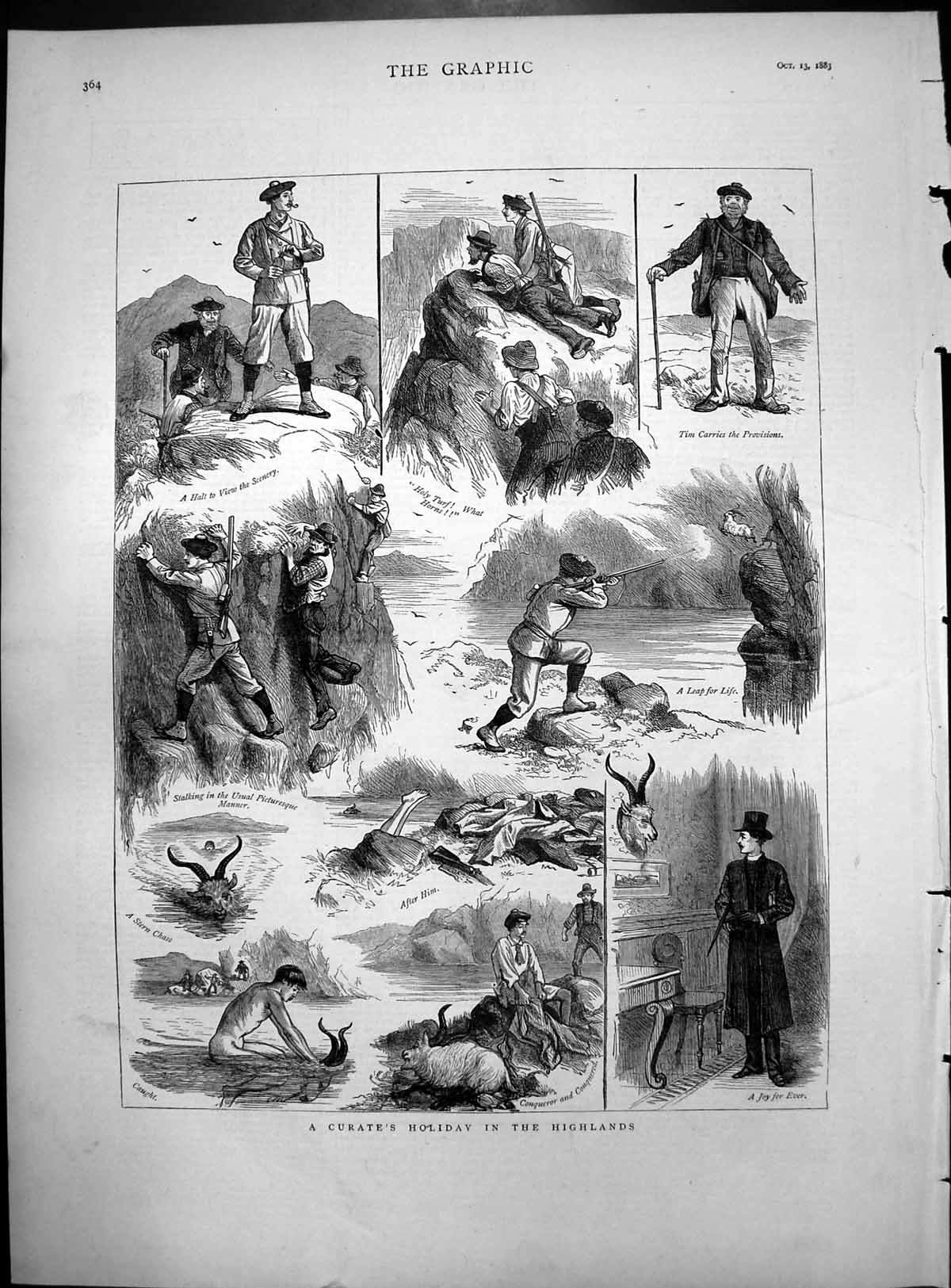 Old Print Curate'S Holiday Highlands Stalking Mountain Goat Swimming 1883 19th