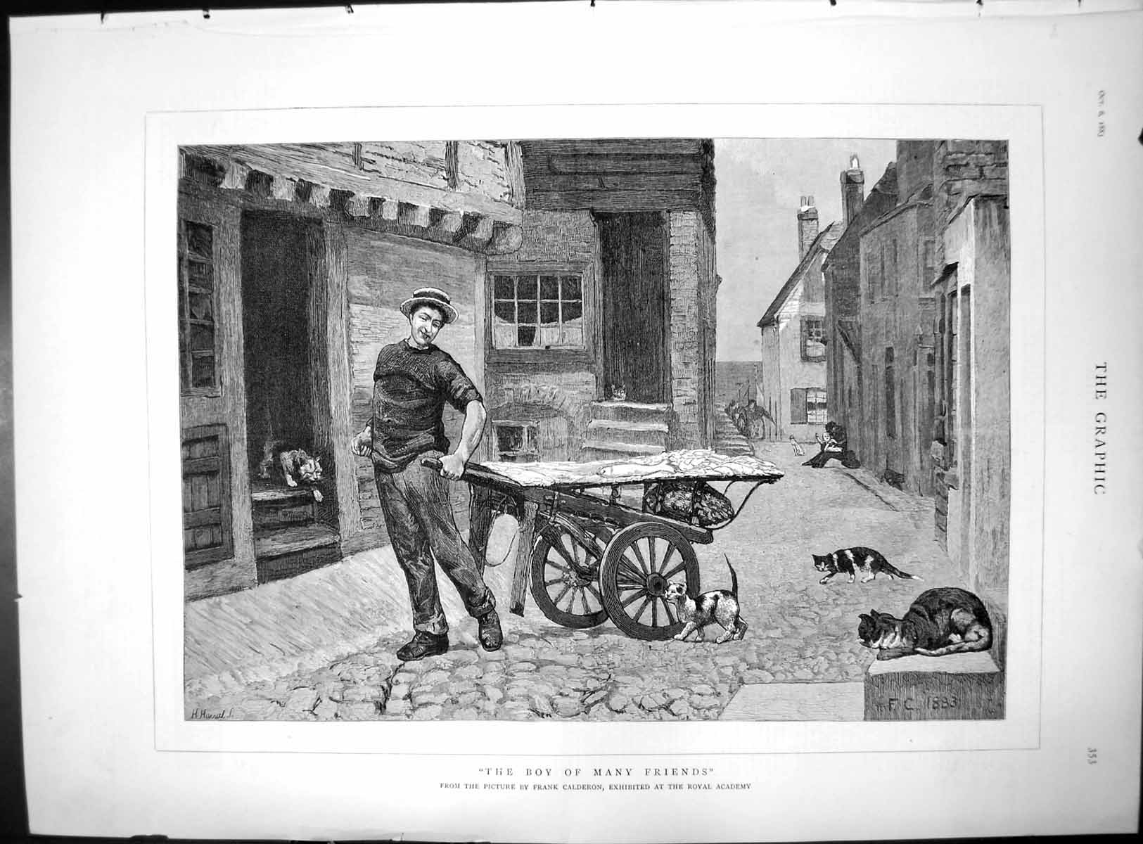 Old Print The Boy Many Friends Frank Calderon Fish Cart Cats Cobbles 1883 19th