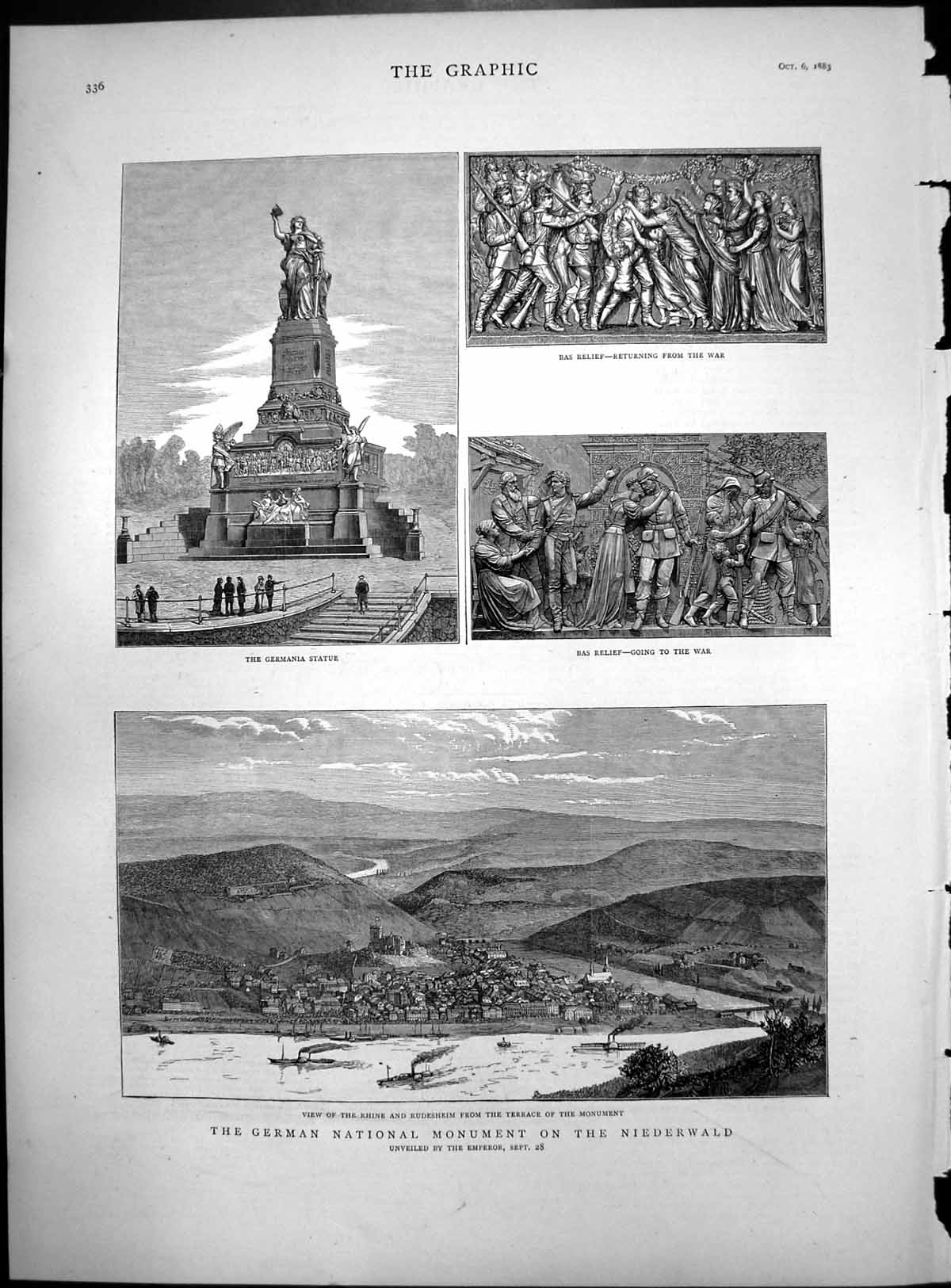 Old Print Germania Statue Bas Relief War Scenes Niederwald Rudesheim Rhine 1883