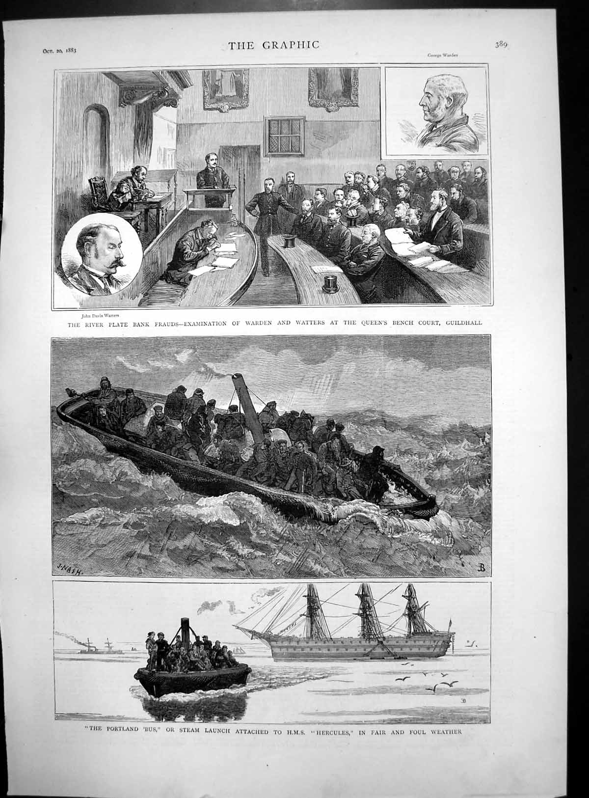 Antique Print River Plate Bank Frauds Portland Bus Launch HMS Hercules 1883