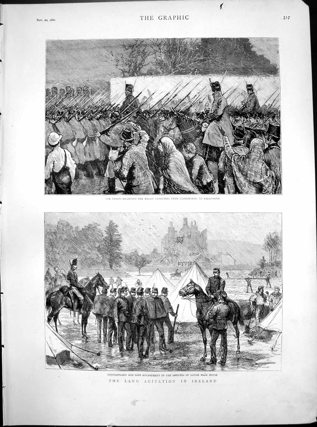 Old Print Land Agitation Ireland Troops Escort Relief Labourers Lough Mask 1880